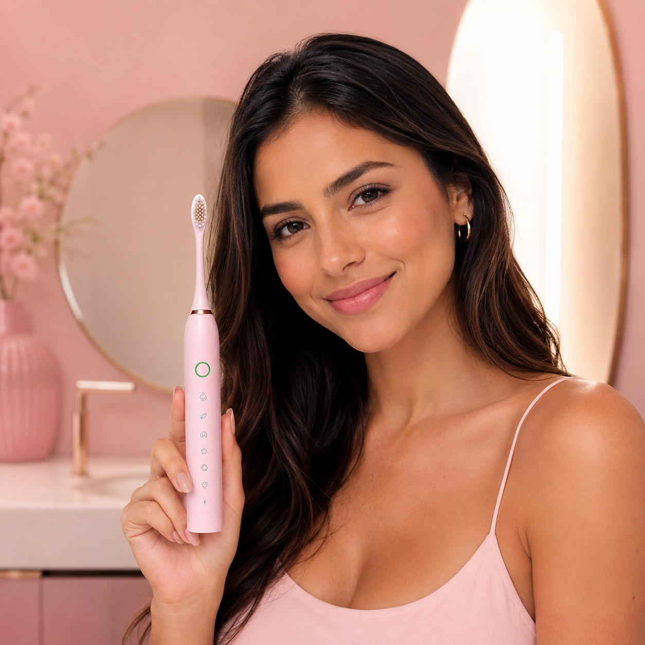 Modelo segurando a escova elétrica sônica rosa