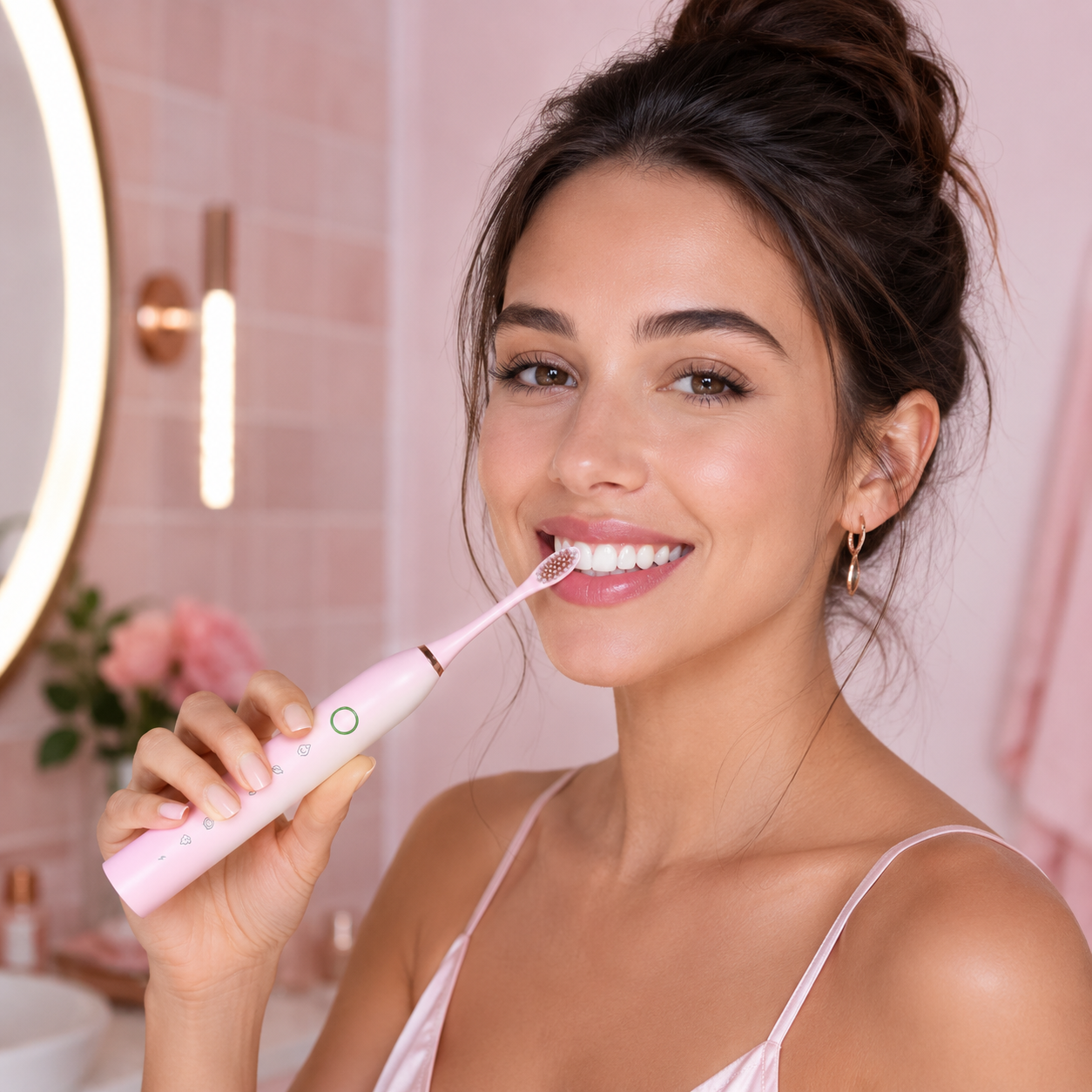 Modelo usando a escova elétrica sônica rosa